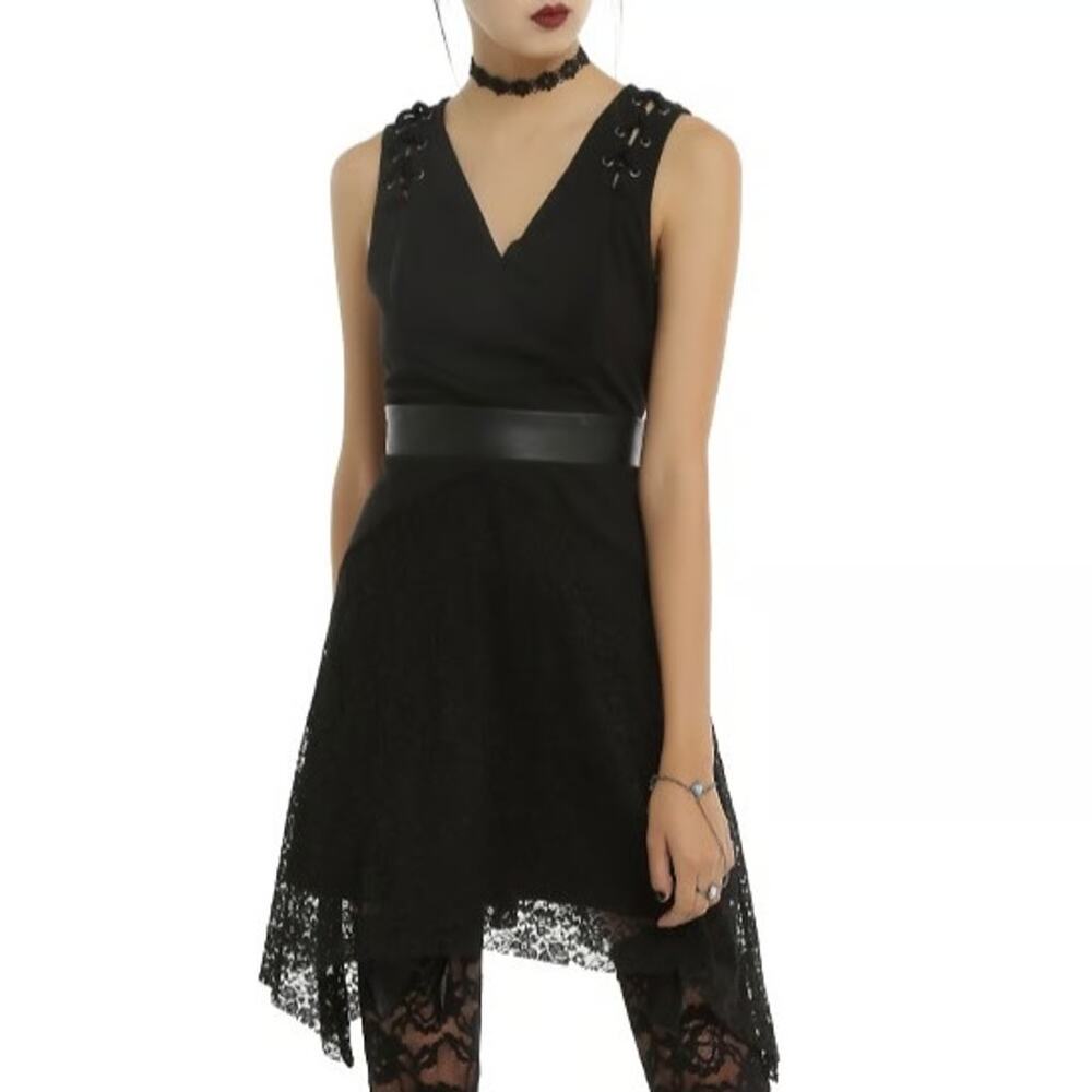 NWT Hot Topic Black Lace Faux Leather Lace Up Goth Witchy Dress Women's M
